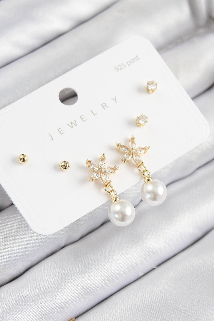 Brass Zircon Stone Pearl Swinging Flower Pattern Silver Color 925 Sterling Silver Nails Women Earrings Set - Brand: Ebijuteri - Women & Kids, Baby Clothes Wholesale - Globality Store