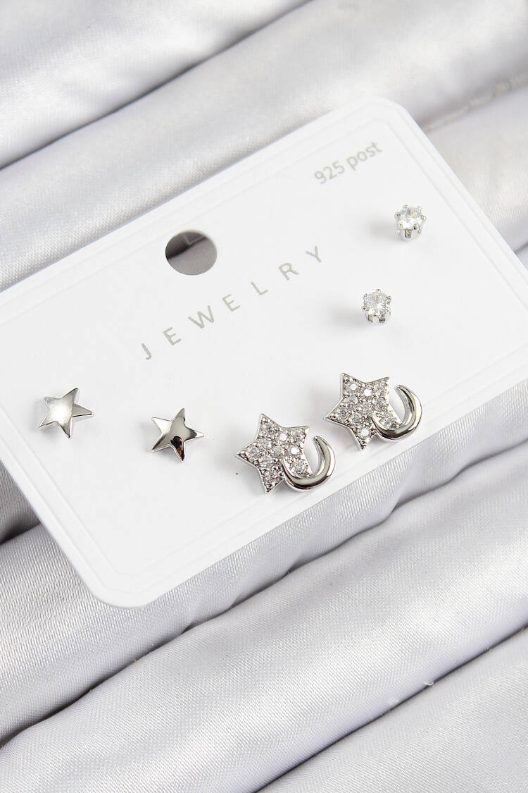 Brass Zircon Stone Star Pattern Silver Color 925 Sterling Silver Stud Women Earrings Set - Brand: Ebijuteri - Women & Kids, Baby Clothes Wholesale - Globality Store