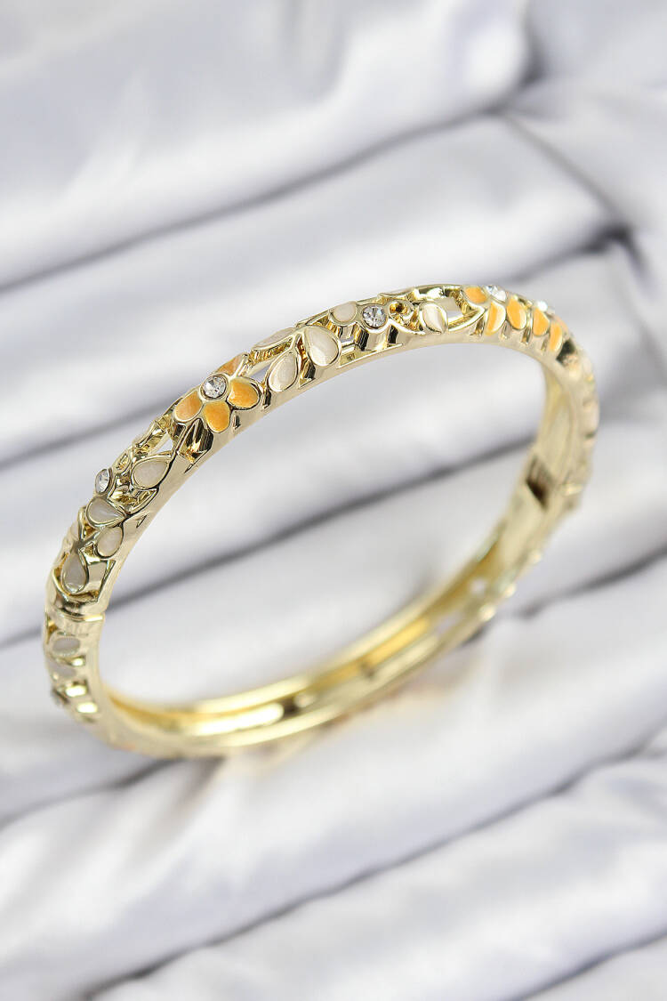 Gold Women's Clamp With Enameled Brass Zircon Stone Yellow Cream Flower Motif - Brand: Ebijuteri - Women & Kids, Baby Clothes Wholesale - Globality Store