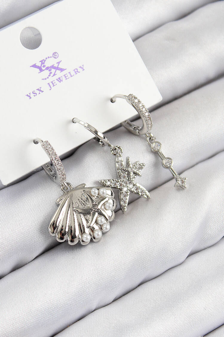 Brass Zircon Stone 3-Piece Star And Oyster Pattern Silver Color Women's Earrings - Brand: Ebijuteri - Women & Kids, Baby Clothes Wholesale - Globality Store
