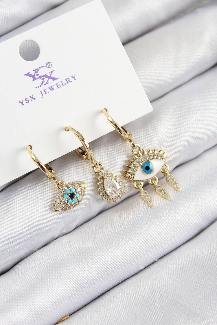 3-Piece Fatma's Eye Model Gold Color Women's Earrings With Brass Zircon Stone - Brand: Ebijuteri - Women & Kids, Baby Clothes Wholesale - Globality Store