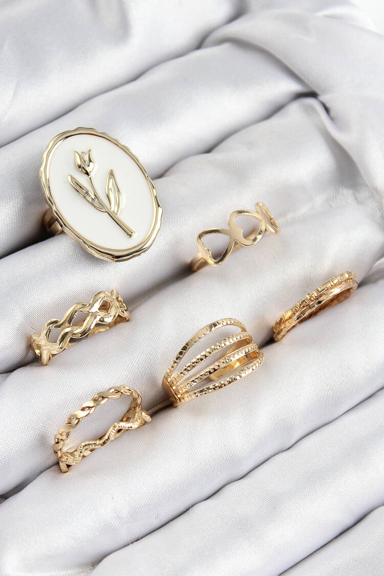 Brass Zircon Stone Tulip Model Gold Color Women Ring Combination Set - Brand: Ebijuteri - Women & Kids, Baby Clothes Wholesale - Globality Store