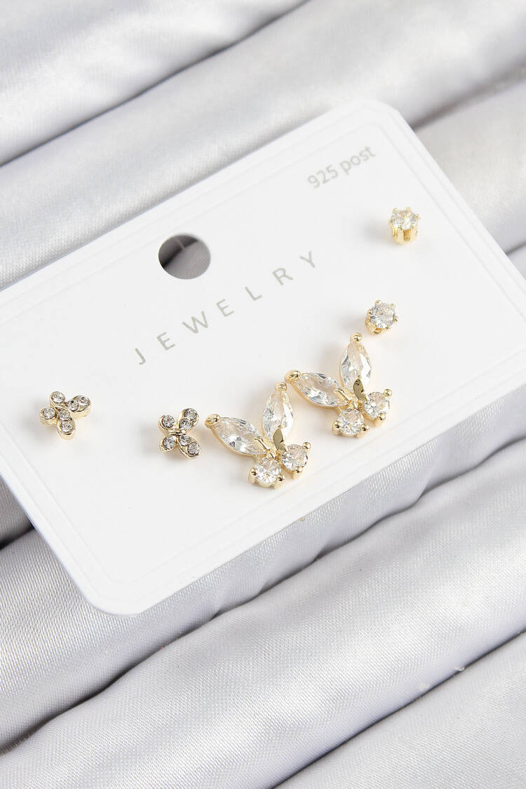 Brass Zircon Stone Butterfly Pattern Gold Color 925 Sterling Silver Stud Women Earrings Set - Brand: Ebijuteri - Women & Kids, Baby Clothes Wholesale - Globality Store