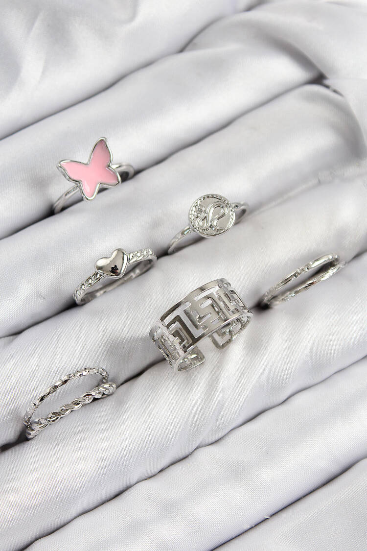Brass Butterfly And Heart Pattern Silver Color Women Ring Combination Set - Brand: Ebijuteri - Women & Kids, Baby Clothes Wholesale - Globality Store