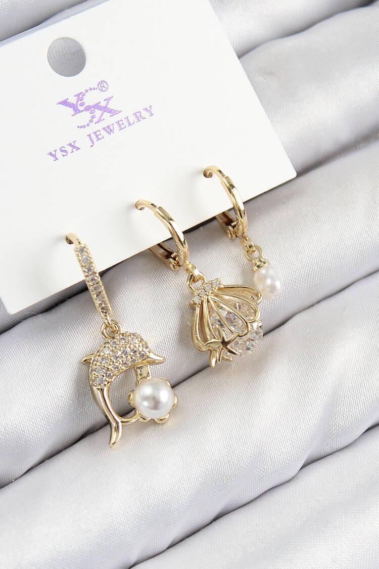 Brass Zircon Stone 3-Piece Dolphin And Oyster Pattern Gold Color Women's Earrings - Brand: Ebijuteri - Women & Kids, Baby Clothes Wholesale - Globality Store