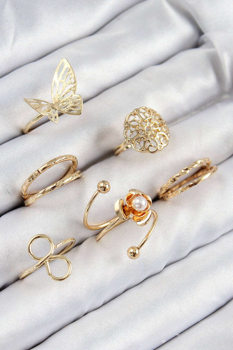 Brass Rose Butterfly Pattern Silver Color Women Ring Combination Set - Brand: Ebijuteri - Women & Kids, Baby Clothes Wholesale - Globality Store