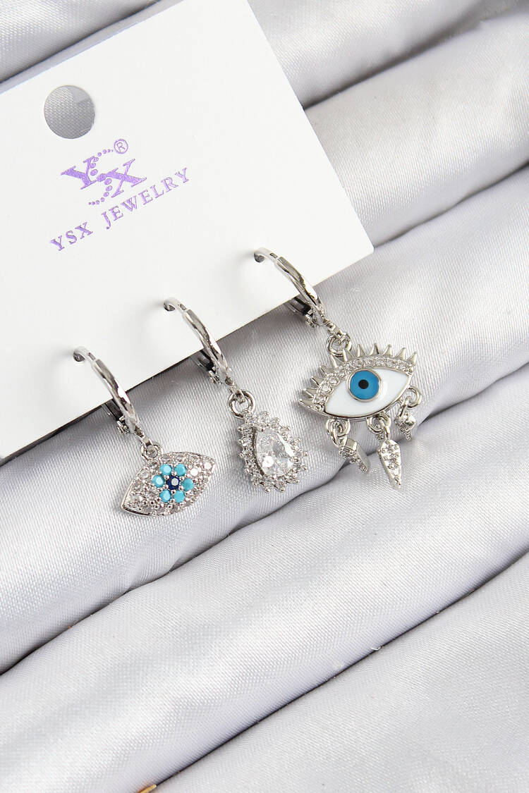 3-Piece Fatma's Eye Model Silver Color Women's Earrings With Brass Zircon Stone - Brand: Ebijuteri - Women & Kids, Baby Clothes Wholesale - Globality Store