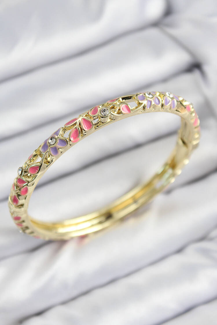 Pink Purple Flower Motif Gold Women's Clamp With Enameled Brass Zircon Stone - Brand: Ebijuteri - Women & Kids, Baby Clothes Wholesale - Globality Store