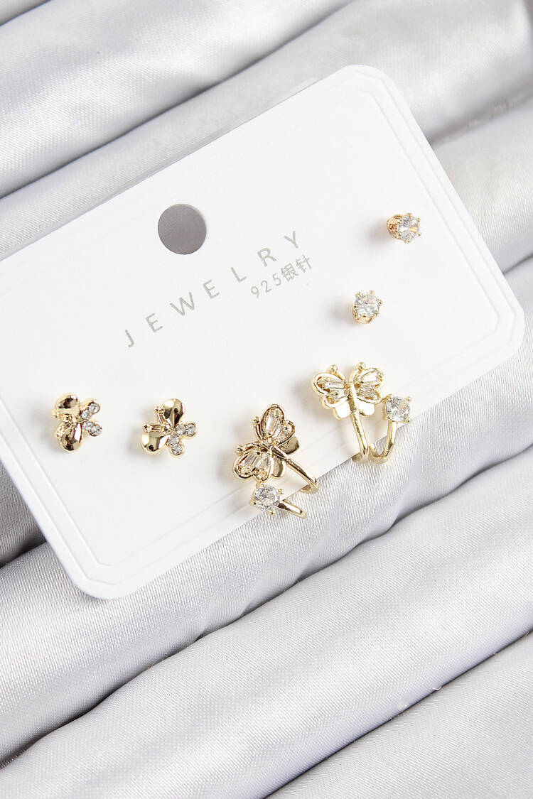 Brass Zircon Stone Butterfly Pattern Gold Color 925 Sterling Silver Stud Women Earrings Set - Brand: Ebijuteri - Women & Kids, Baby Clothes Wholesale - Globality Store