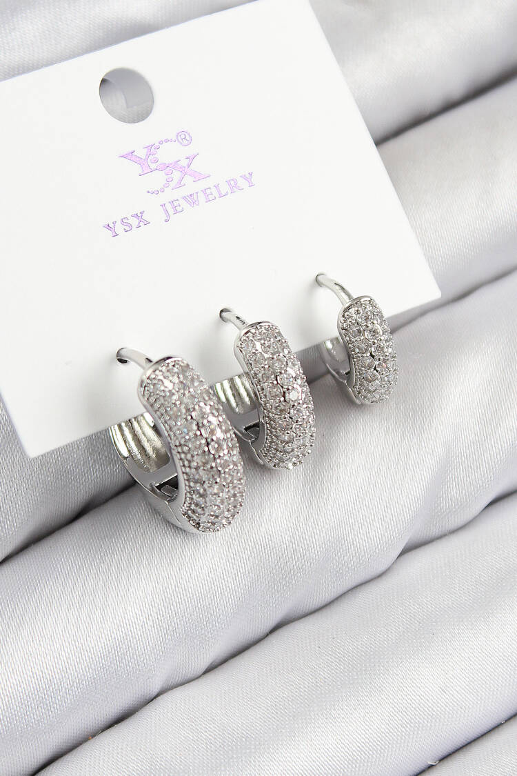 Brass Zircon Stone 3-Piece Ring Pattern Silver Color Women's Earrings - Brand: Ebijuteri - Women & Kids, Baby Clothes Wholesale - Globality Store