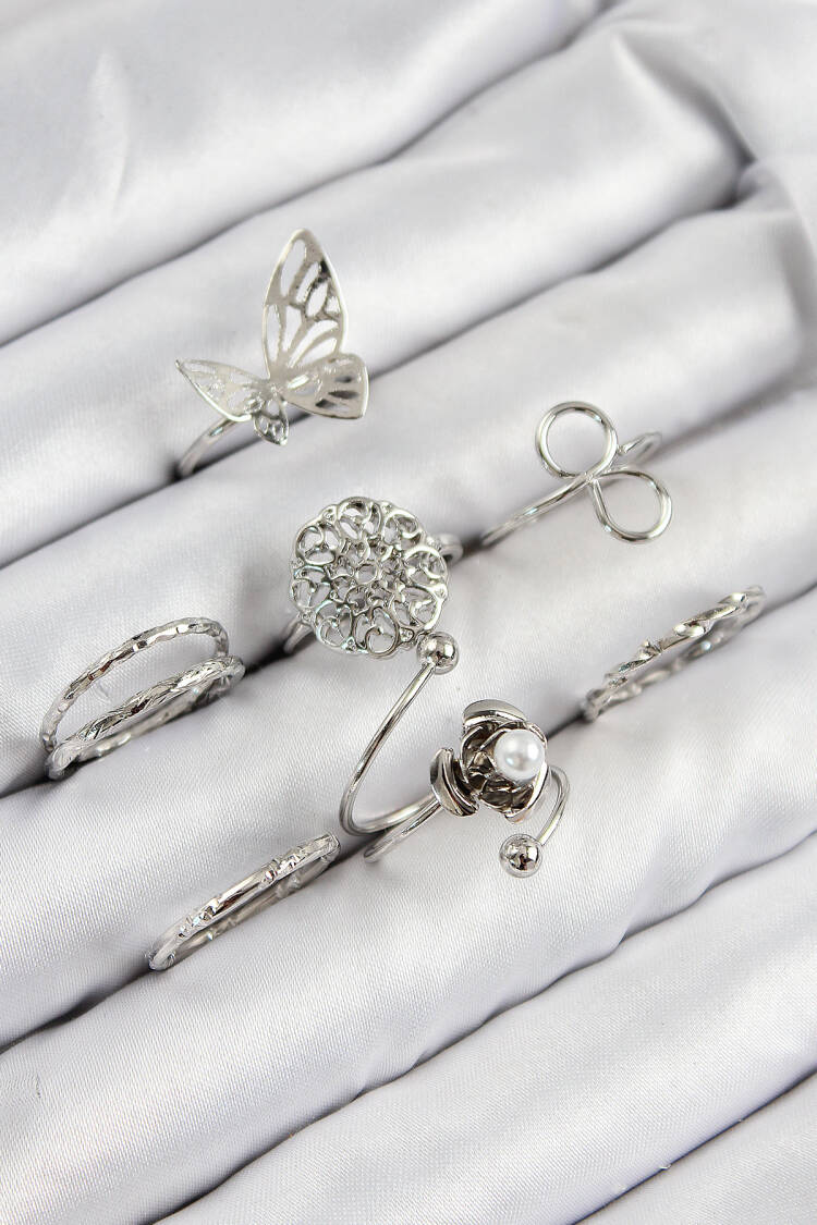 Brass Rose Butterfly Pattern Silver Color Women Ring Combination Set - Brand: Ebijuteri - Women & Kids, Baby Clothes Wholesale - Globality Store