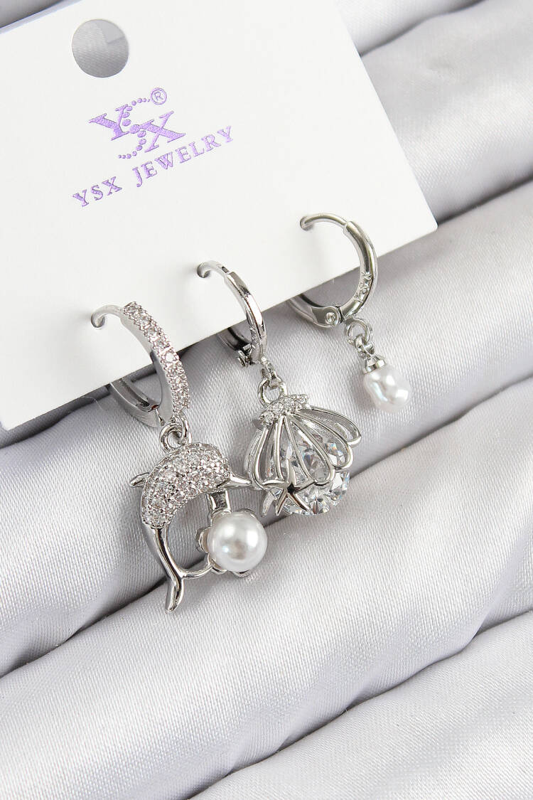 Brass Zircon Stone 3-Piece Dolphin And Oyster Pattern Silver Color Women's Earrings - Brand: Ebijuteri - Women & Kids, Baby Clothes Wholesale - Globality Store