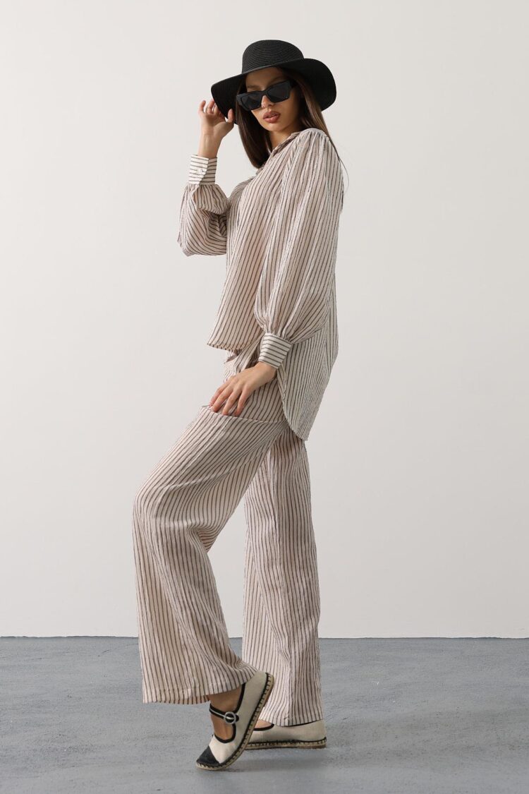 Beige Striped Casual Elegant Formal Set