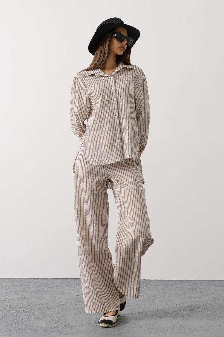 Beige Striped Casual Elegant Formal Set