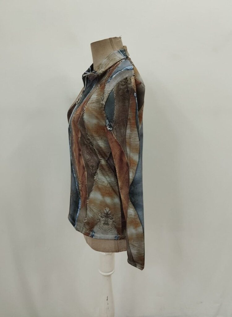 Brown Patchwork Casual Blouse With Plunging Neck