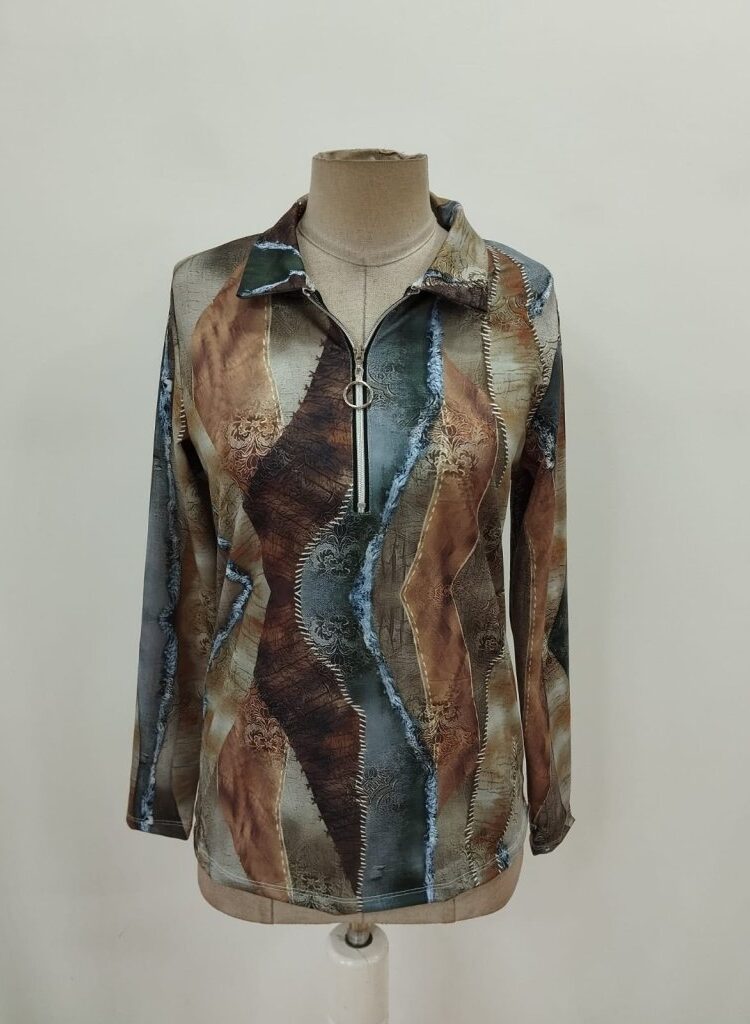 Brown Patchwork Casual Blouse With Plunging Neck