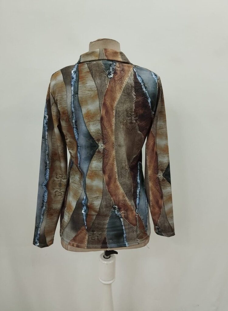 Brown Patchwork Casual Blouse With Plunging Neck
