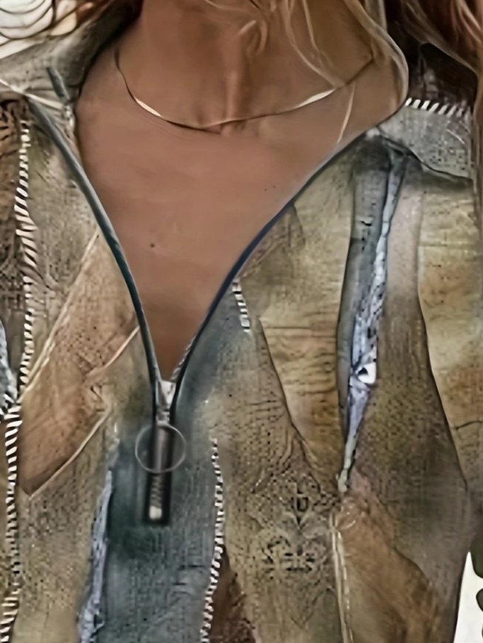 Brown Patchwork Casual Blouse With Plunging Neck
