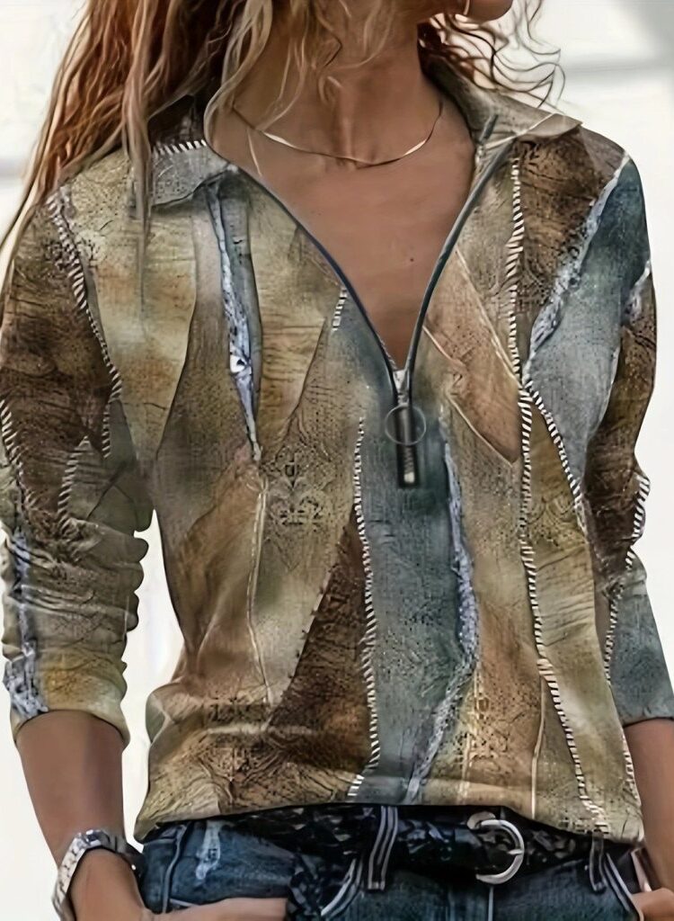 Brown Patchwork Casual Blouse With Plunging Neck