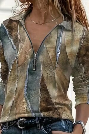 Brown Patchwork Casual Blouse With Plunging Neck - Brand: Janes - Women & Kids, Baby Clothes Wholesale - Globality Store