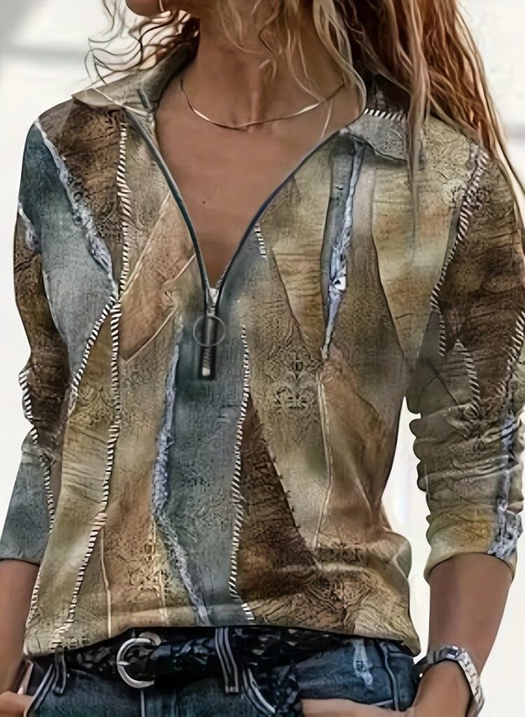 Brown Patchwork Casual Blouse With Plunging Neck - Brand: Janes - Women & Kids, Baby Clothes Wholesale - Globality Store