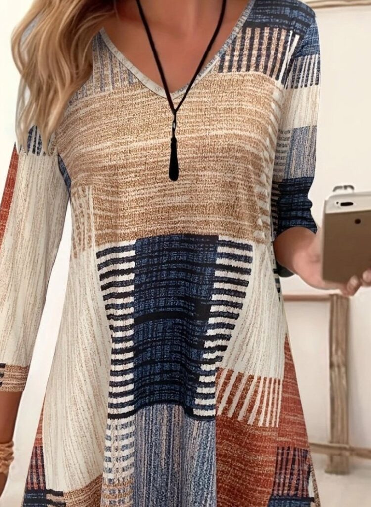Beige Casual A-Line Dress With V-Neck