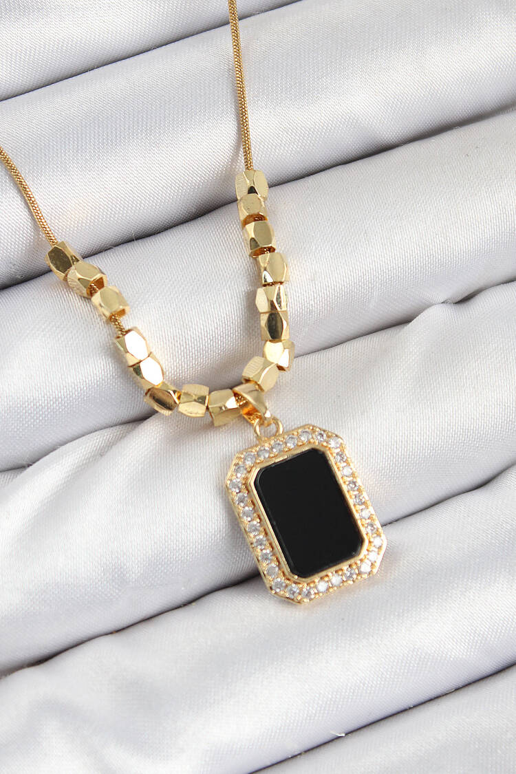 316l Steel Zircon Stone Black Baguette Model Gold Color Women Necklace - Brand: Ebijuteri - Women & Kids, Baby Clothes Wholesale - Globality Store