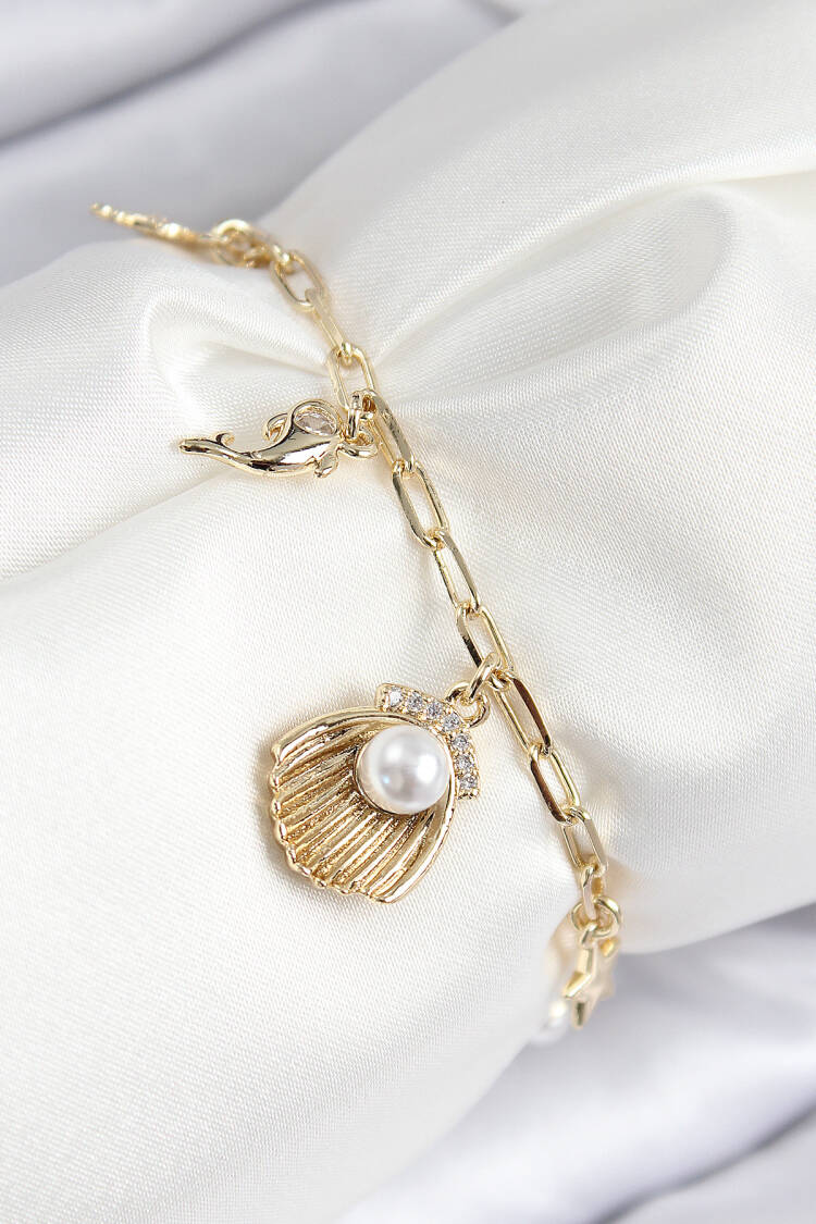 Brass Zircon Stone Pearl Oyster Pattern Gold Color Women's Bracelet - Brand: Ebijuteri - Women & Kids, Baby Clothes Wholesale - Globality Store