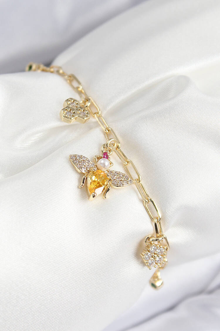 Brass Zircon Stone Bee Model Gold Color Women's Bracelet - Brand: Ebijuteri - Women & Kids, Baby Clothes Wholesale - Globality Store