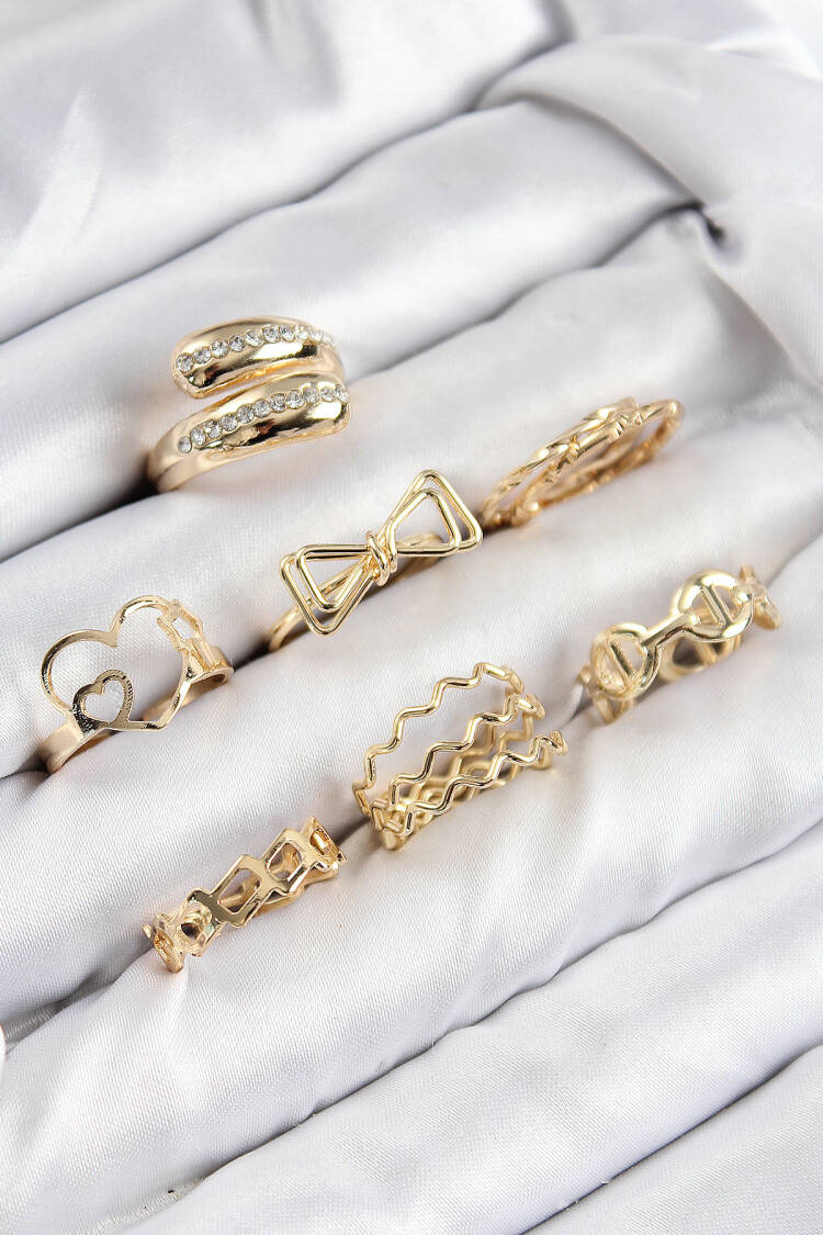 Brass Zircon Stone Bow And Heart Model Gold Color Women Ring Combination Set - Brand: Ebijuteri - Women & Kids, Baby Clothes Wholesale - Globality Store