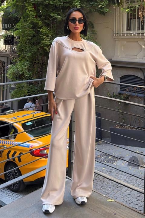 Beige Casual Elegant Oversized Palazzo Set - Brand: Sobe Istanbul - Women & Kids, Baby Clothes Wholesale - Globality Store