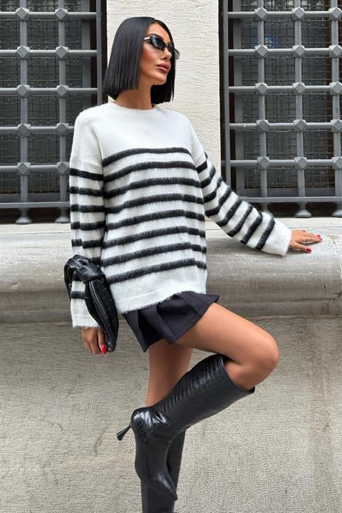 White Striped Oversized Fit Sweater
