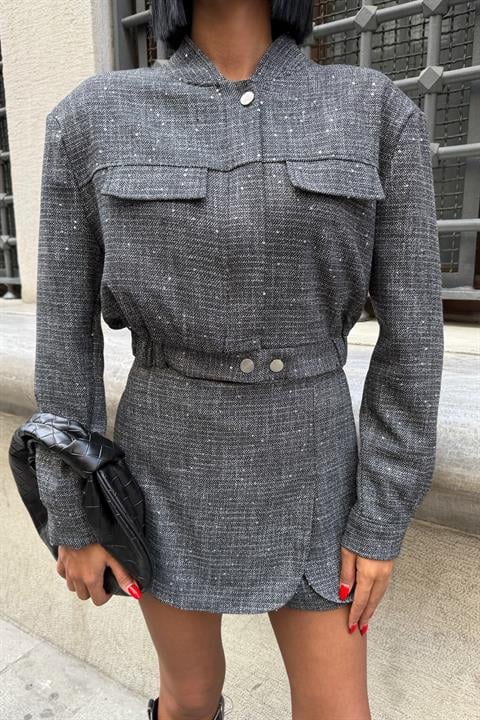 Grey Casual Checkered Skort Wrap Mini Set