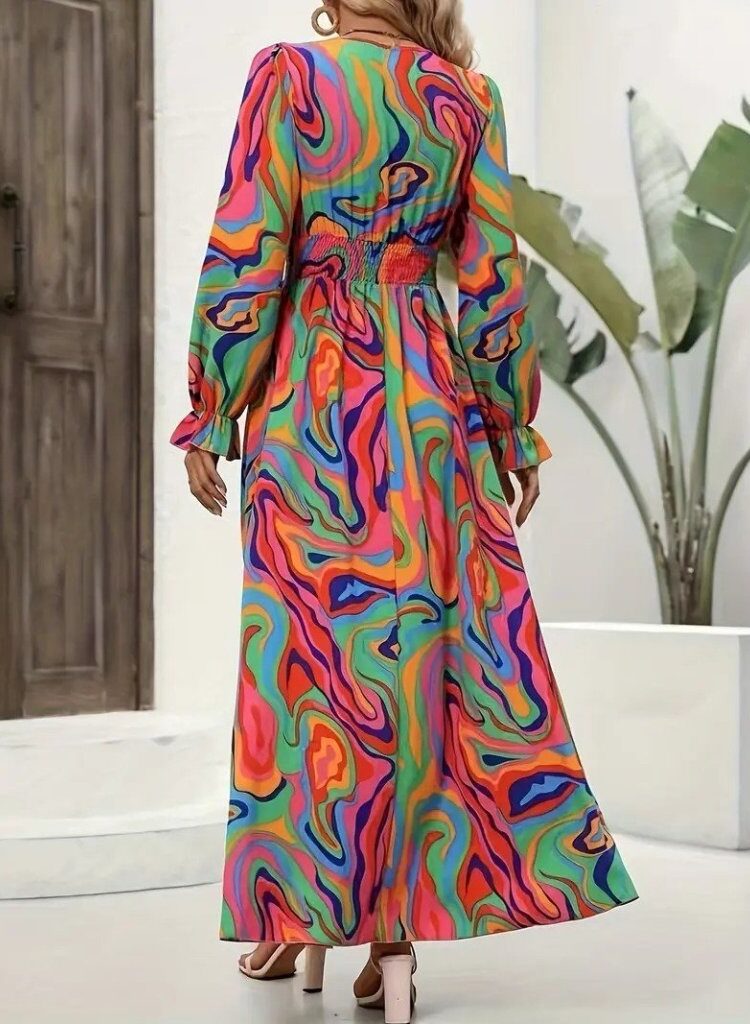 Green Boho A-Line Floor Length Dress With Ruffle Sleeves
