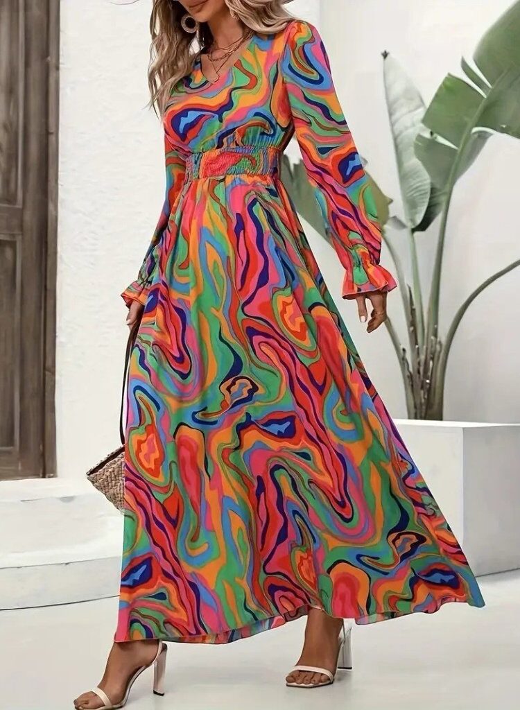 Green Boho A-Line Floor Length Dress With Ruffle Sleeves