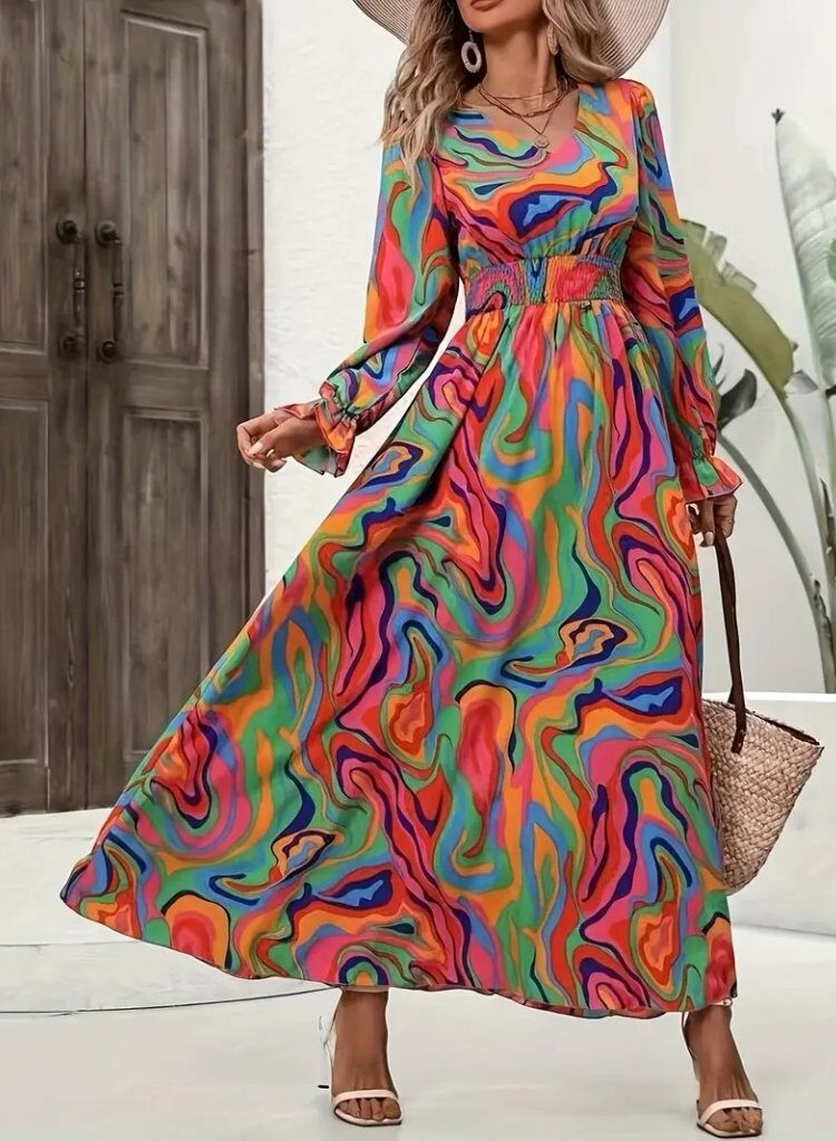 Green Boho A-Line Floor Length Dress With Ruffle Sleeves - Brand: Janes - Women & Kids, Baby Clothes Wholesale - Globality Store