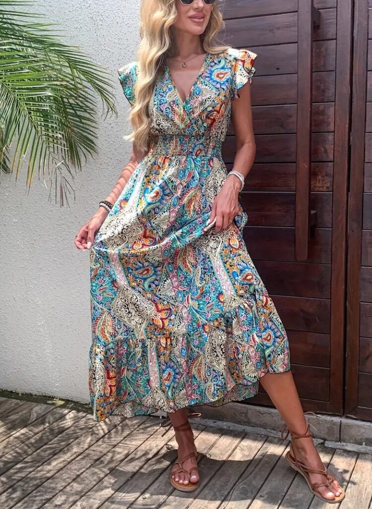 Blue Boho Wrap Dress With Ruffle Cap Sleeves - Brand: Janes - Women & Kids, Baby Clothes Wholesale - Globality Store
