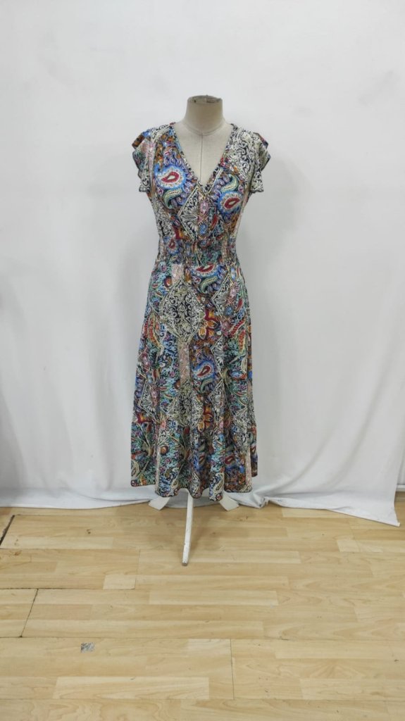 Blue Boho Wrap Dress With Ruffle Cap Sleeves