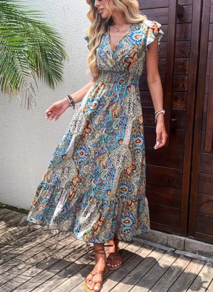 Blue Boho Wrap Dress With Ruffle Cap Sleeves