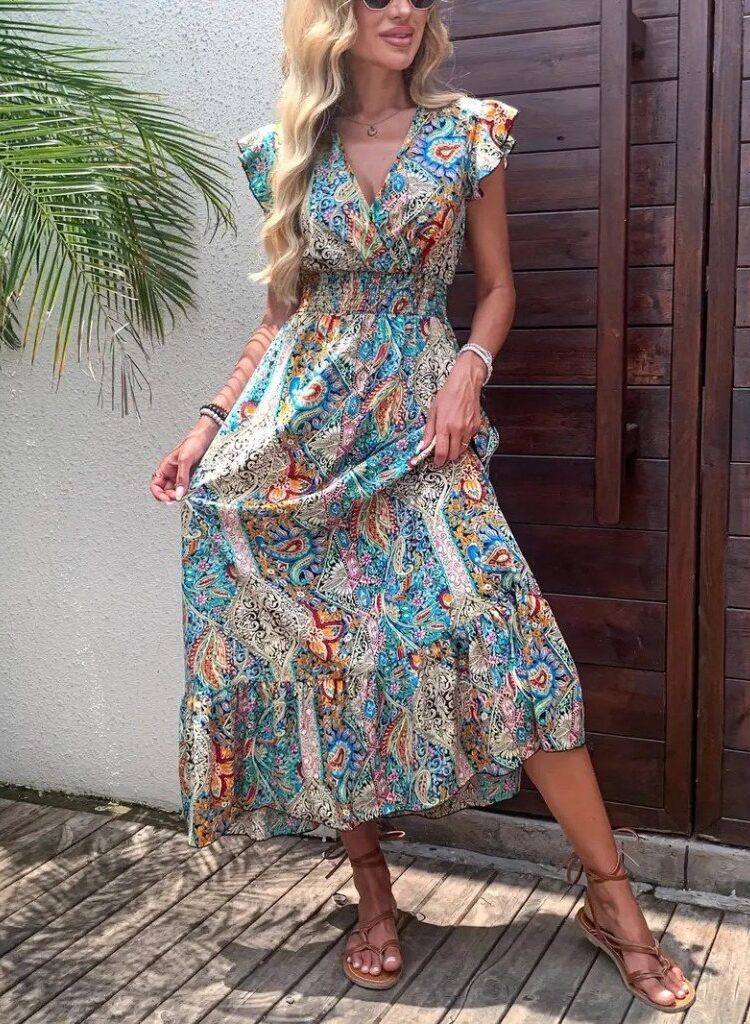 Blue Boho Wrap Dress With Ruffle Cap Sleeves