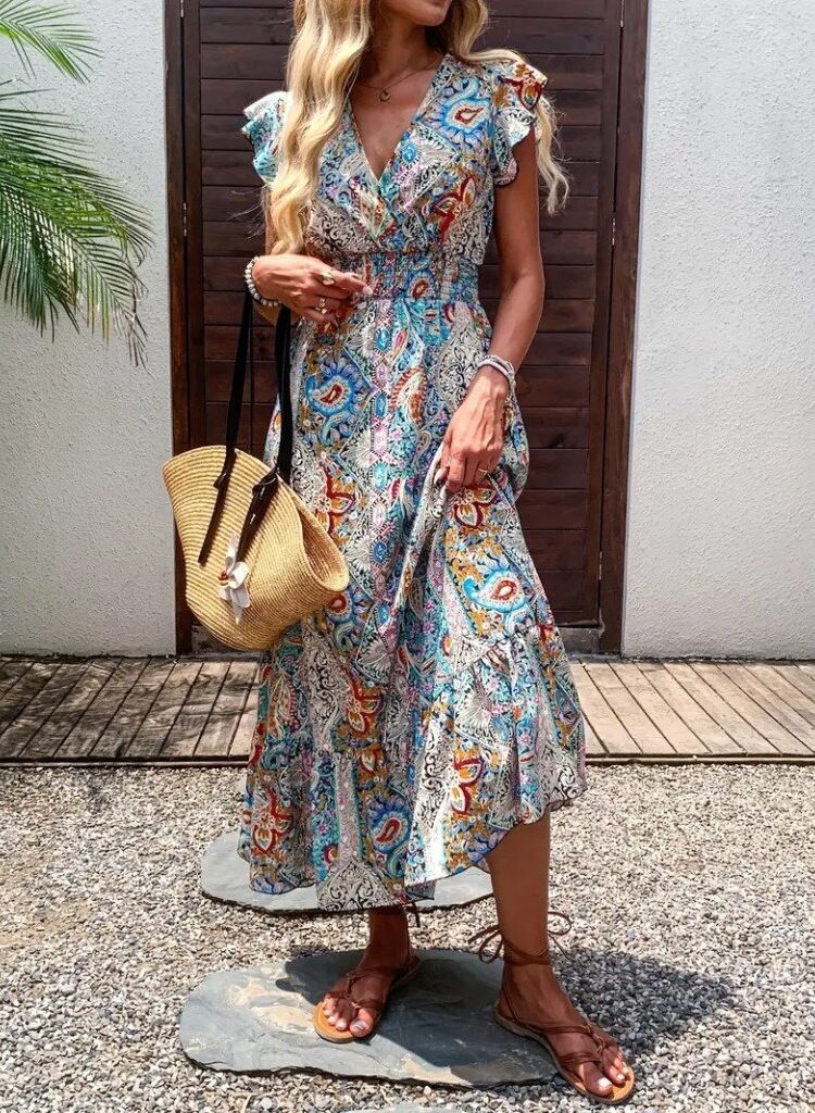 Blue Boho Wrap Dress With Ruffle Cap Sleeves