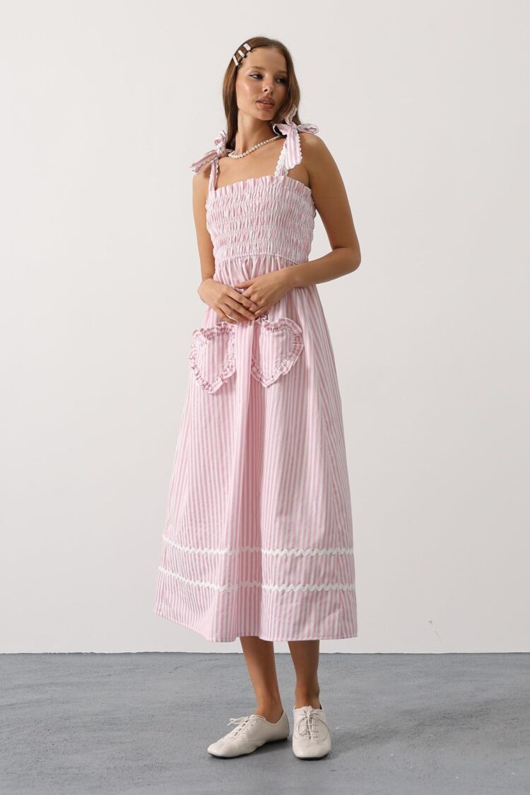 Heart Detail Striped Candy Dress - Pink