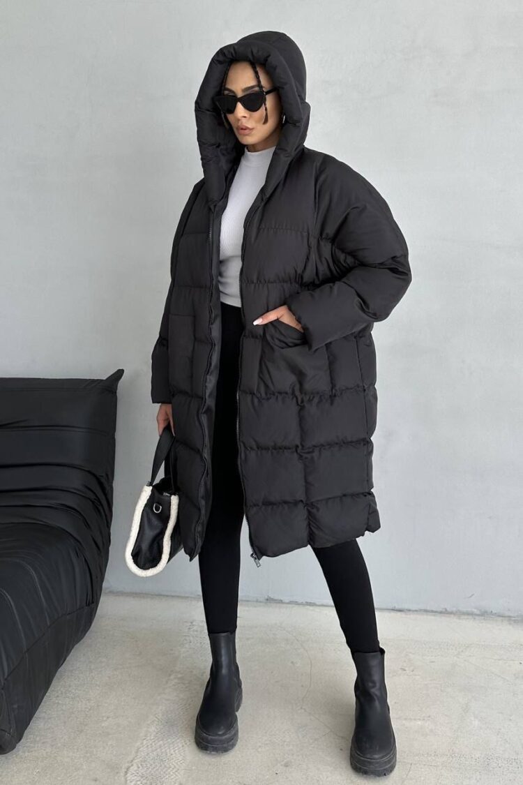 Black Oversized Puffer Coat With Hood