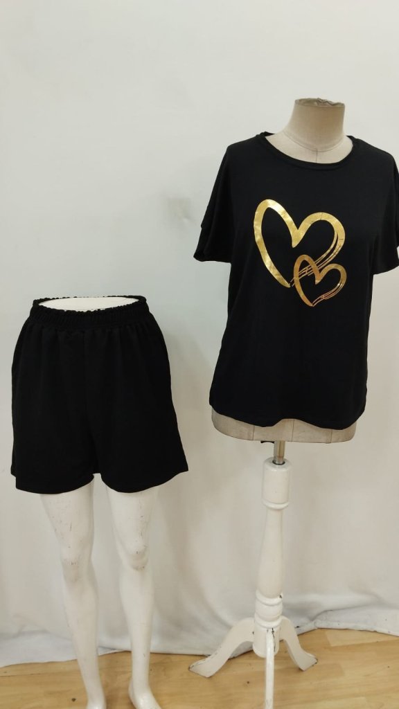Black Casual Sport Set With Hearts - Athletic Shorts
