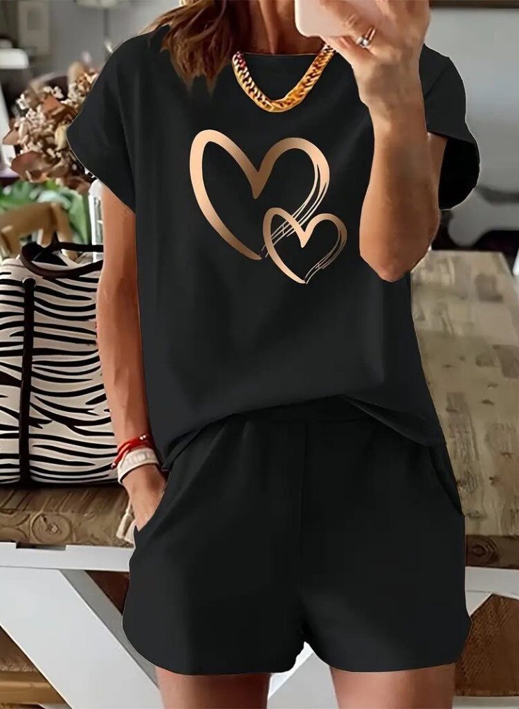 Black Casual Sport Set With Hearts - Athletic Shorts