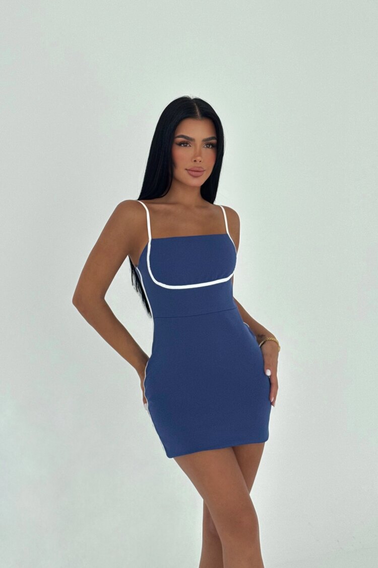 Blue Bodycon Dress With Square Neck And Cap Sleeves - Brand: EYYO ATELIER - Women & Kids, Baby Clothes Wholesale - Globality Store