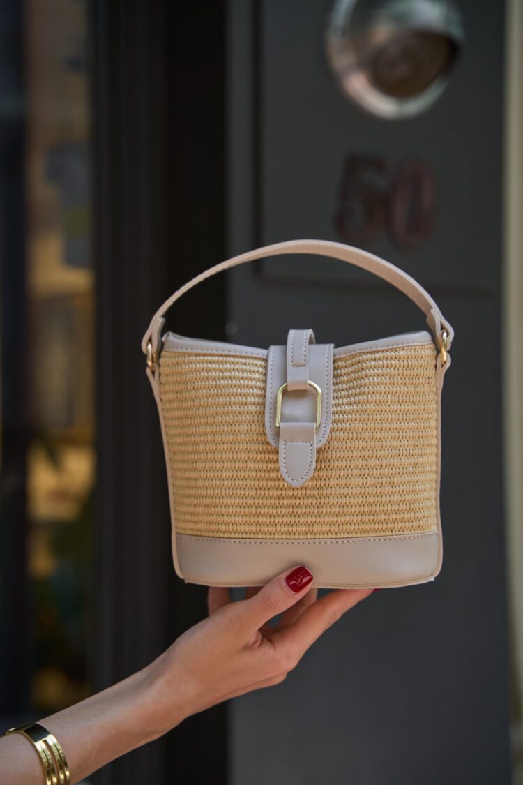 Modern Design Buckle Hand and Shoulder Bag Cream Straw