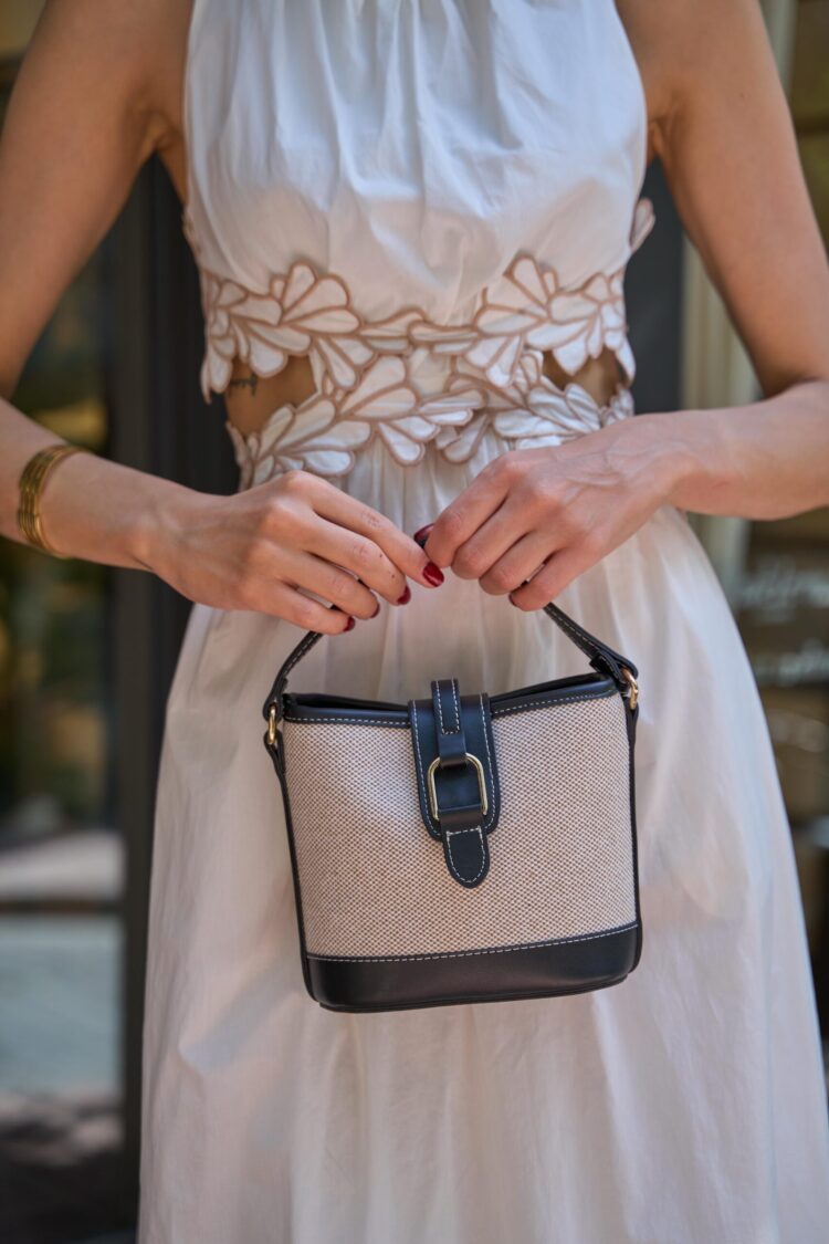 Modern Design Buckle Hand and Shoulder Bag Canvas- Black