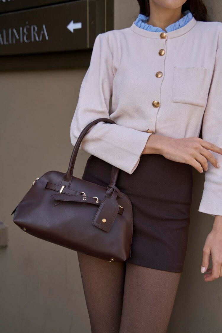 Retro Handbag Hand and Shoulder Bag Brown with Gold Accessories