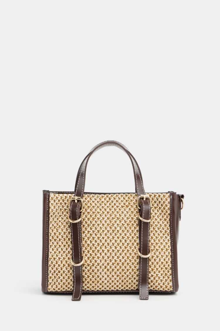 Leather Detailed Straw Knit Women's Handbag — Bohemian Style Shoulder and Handbag Brown